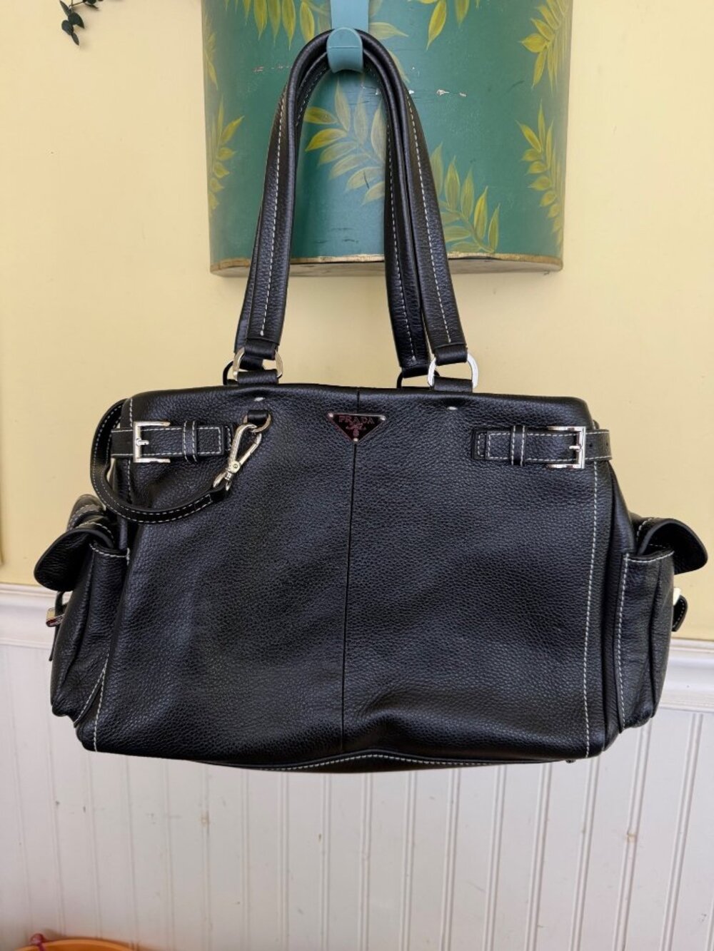 Prada Black Leather Tote Handbag With Buckle Detail & Certificate Of Authenticit